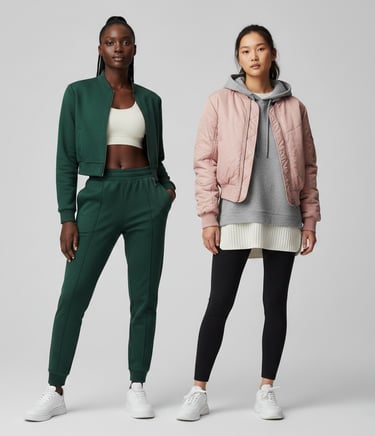 two women in jackets and pants standing next to each other