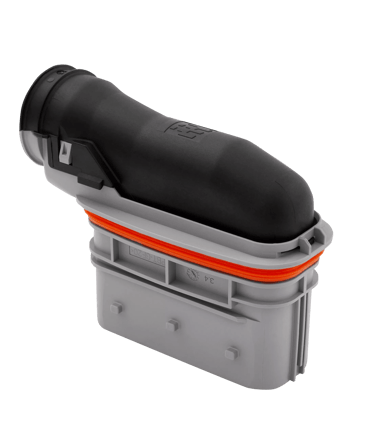 a black and white box with a black and orange handle