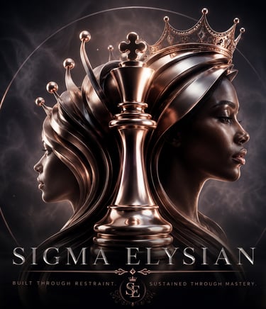 Elegant rose gold chess king piece centered between two female profiles wearing ornate crowns.