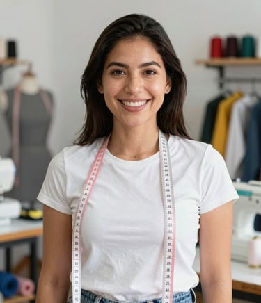 Modista sonriente en su taller con el metro colgando del cuello