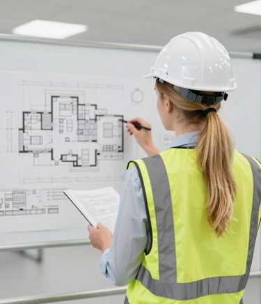A professional architect reviewing blueprints on a wooden desk with a golden lamp beside.