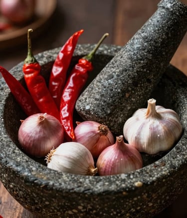 Beautiful close-up food photography of raw Javanese culinary spices arranged on a traditional stone mortar and pestle, with red chilies, shallots, and garlic, illuminated by dramatic warm rustic light.