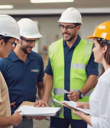 Team of safety experts conducting a workplace inspection with protective gear.