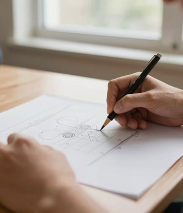 Close-up of hands sketching a technical layout on paper under bright window light, warm organic tones, shallow depth of field