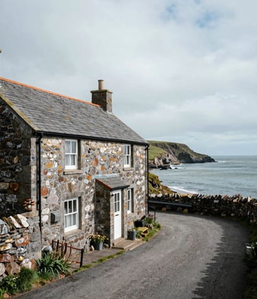 A wide environmental view of the South Wales coastline, weathered stone cottage with slate roof under overcast Welsh daylight, negative space on the right.