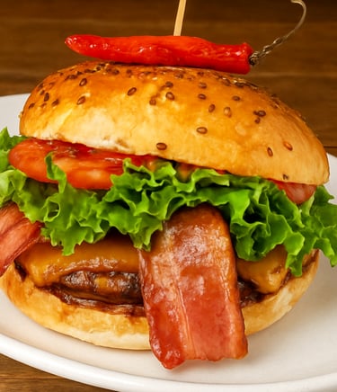 Hamburguesa gourmet picante con pan con semillas, queso fundido, lechuga fresca y guarnición.