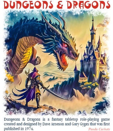 Cachet illustration of warrior, dragon and castle