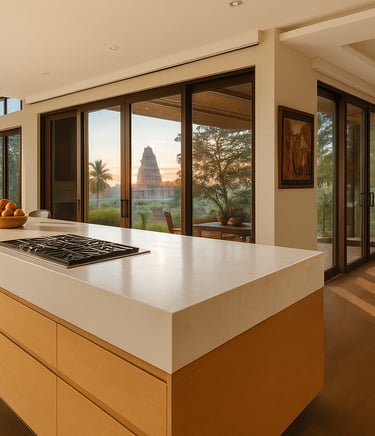 a kitchen with a stove top and a table with chairs