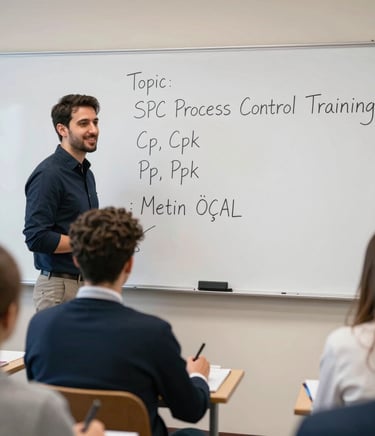 A smiling professor stands arms crossed by chalkboard.