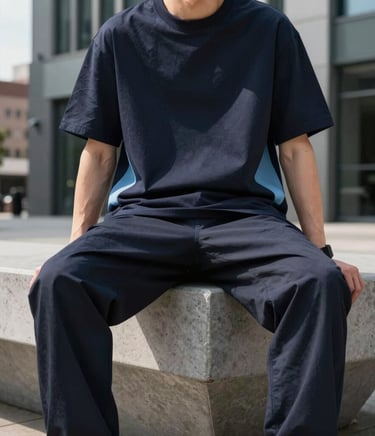 A high-fashion streetwear outdoor photo set in a modern North American / US city art district during daytime. A person is sitting on a sleek concrete bench, wearing an urban streetwear outfit featuring a bold dark t-shirt with subtle light sky blue accents. Natural direct daylight, vibrant atmosphere, deep slate grey tones in the background, sharp professional portrait photography.
