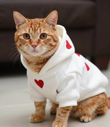 Gato atigrado naranja con un suéter de capucha para mascotas blanco con estampados de corazones