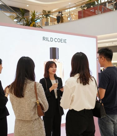 A lively event scene with vibrant lighting and engaged guests enjoying a creative setup.