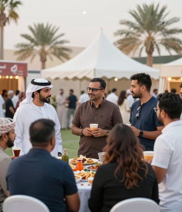 A lively event scene with vibrant lighting and engaged guests enjoying a creative setup.
