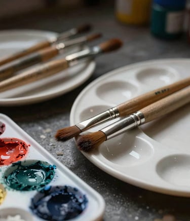 Close-up artistic still life of fine paintbrushes resting beside ceramic palettes with tempera pigments in an artisan workshop in Latin America / Chile, dark background with soft lighting.