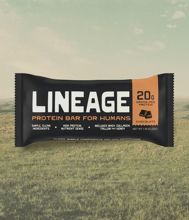 Lineage chocolate protein bar with 20g grass-fed protein 