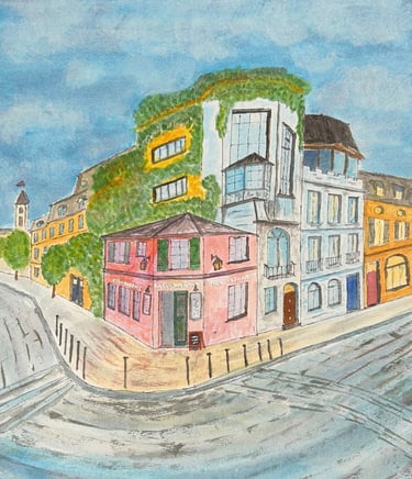Original painting depicting the La Maison Rose building on a quiet Montmartre street corner.