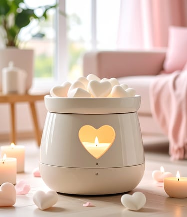 Contemporary white wax melter with wax melts in a modern living space