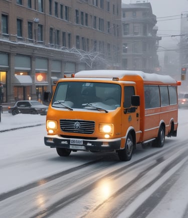 A snowplow truck clearing a snowy road lined with bare trees. Snow is accumulated on the branches and the street, creating a wintry urban scene.