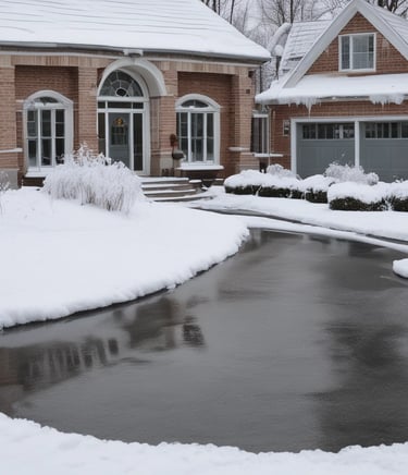 A snowplow truck clearing a snowy road lined with bare trees. Snow is accumulated on the branches and the street, creating a wintry urban scene.