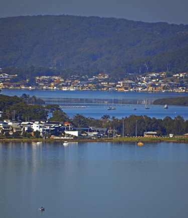 Looking south from President's Hill, Gosford. Saratoga Oval and sailing club, Blackwall on the far shore.