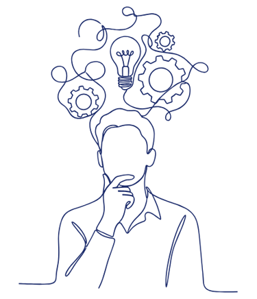 silhouette avec sur la tête des engrenages et une ampoule symbolisant la réflexion