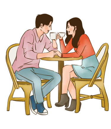 a man and woman sitting at a table with a glass of wine