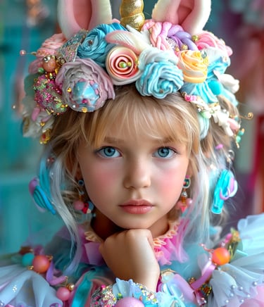 Fillette aux yeux bleus portant une couronne féerique ornée de fleurs et d’accessoires pastel.
