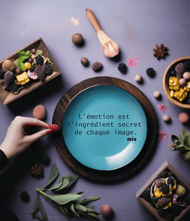 Assiette turquoise avec citation, entourée de fruits, épices et une main tenant une framboise