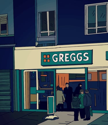 illustration of greggs shop drawn by me julie featherstone