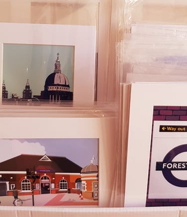 photograph of my small prints that are for sale in local forest gate emporium