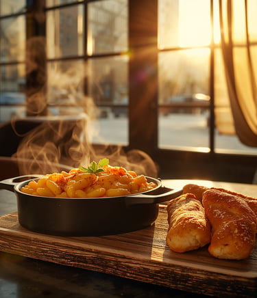 mac and cheese with breadsticks near open window dining at Tilli’s Chicago