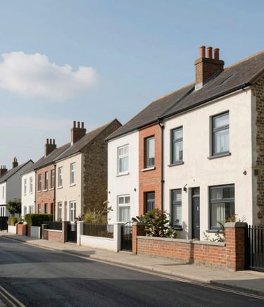 A neat row of well-maintained UK homes under a bright blue sky, symbolizing Harbornest's management.