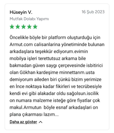 Hüseyin isimli müşterinin dolap yapımı için 5 yıldız vermesi