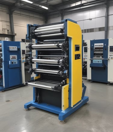 Modern industrial printing machines operating in a bright, clean factory setting.