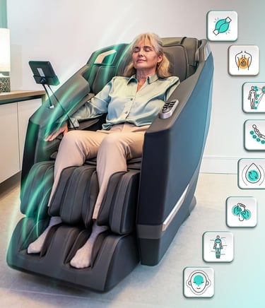 Una mujer mayor se relaja en un sillón de masaje negro de lujo con función de gravedad cero y calefa