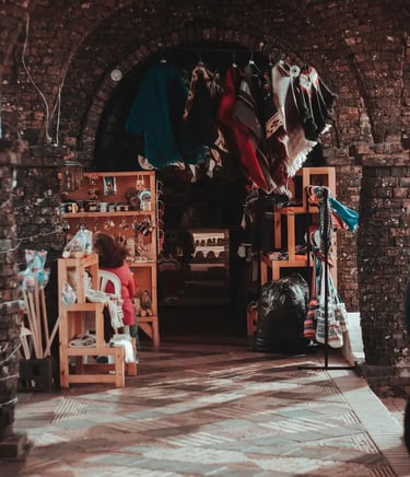 Traditional colorful Colombian crafts and handmade souvenirs displayed in the streets of Guatavita town