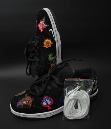 a pair of sneakers with patches and patches on them