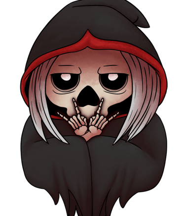 Cartoon Sensenmann, Cartoon Reaper, Skelli, böse miene, Metal Music, Horns up, evil looking