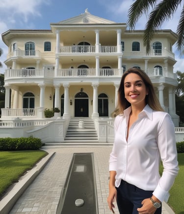 A residential building stands surrounded by lush greenery and tall palm trees. The sky is filled with dramatic, warm hues of orange and pink as the sun sets on the horizon. Birds are seen flying in the sky, adding a sense of motion to the tranquil scene.