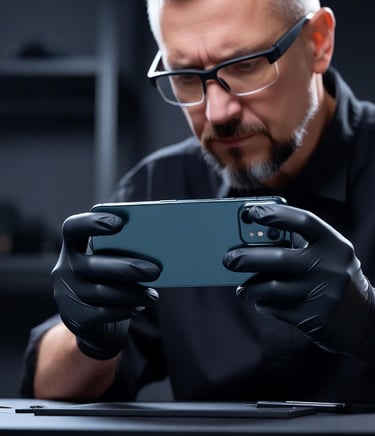 Especialista en anàlisi forense digital examinant dispositiu mòbil. 