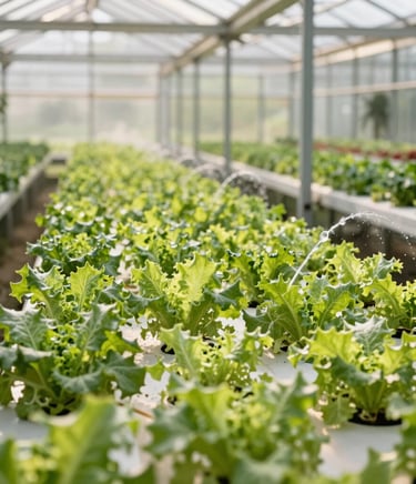 Góc rộng nhà kính hiện đại tại Tiên Lữ ngập tràn ánh nắng ban mai, những luống rau thủy canh xanh mướt trải dài thẳng tắp, hệ thống tưới tự động mờ ảo phía sau.