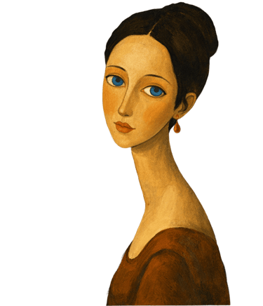 Stylized oil painting of a woman with blue eyes and a long neck in Modigliani style.