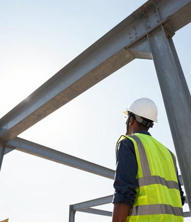 Low-angle shot of an African civil engineer in a white hardhat and safety vest looking at a massive structural steel installation under bright, high-contrast daylight.