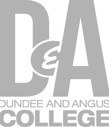 Dundee and Angus College official logo with gray D&A initials on a black background.