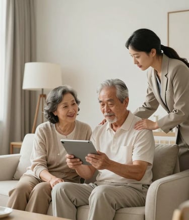A smiling senior woman enjoying a friendly conversation with her companion in a cozy living room.
