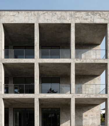 Straight-on architectural elevation of a modern concrete and steel structure under high-contrast morning daylight