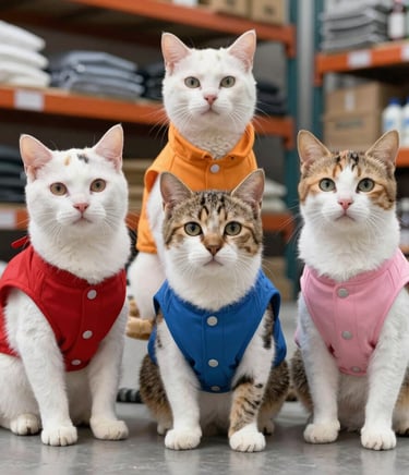 Cuatro adorables gatos con coloridos chalecos para mascotas sentados en un almacén