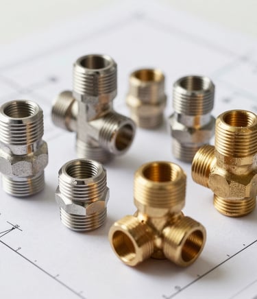 A close-up photograph of high-quality stainless steel and brass plumbing fittings laid out neatly on a clean white blueprint, bright neutral professional studio lighting, Central European style.