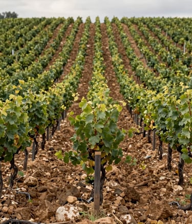Close panoramic view of vineyard rows in León's meseta, stony clay soil visible between vines, overcast northern light, low horizon, no people, muted greens and ochres