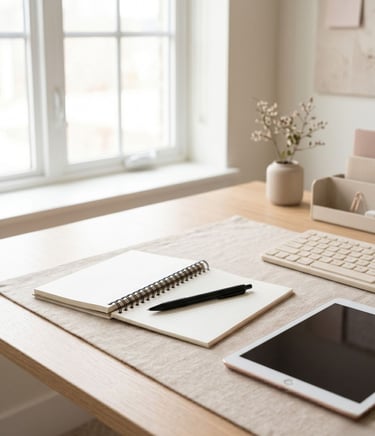 Notebook and tablet on desk representing planning a beauty business beyond client appointments